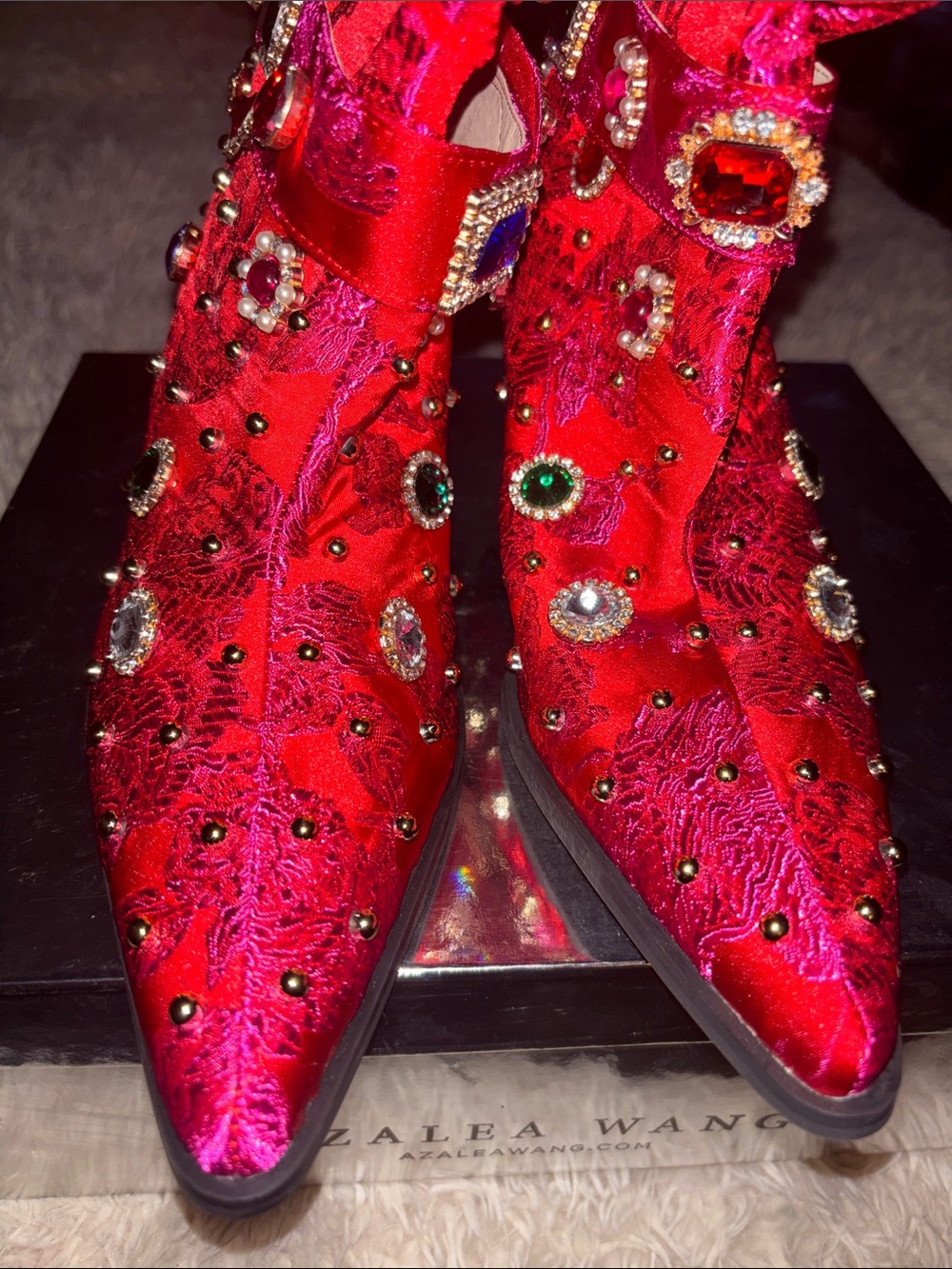 Azalea Wang Red Embellished Jewel Ankle Boots - Picture 3 of 7